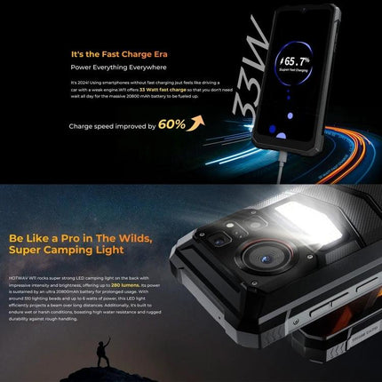 HOTWAV Rugged Phone for Daily Outdoor Activities showing fast charge and super camping light features