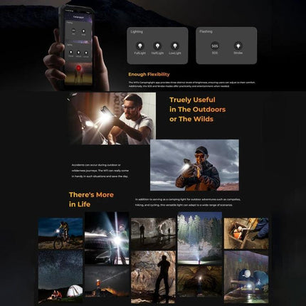 HOTWAV Rugged Phone for Daily Outdoor Activities shown being used in hiking, camping, jobsite lighting and rugged outdoor scenarios