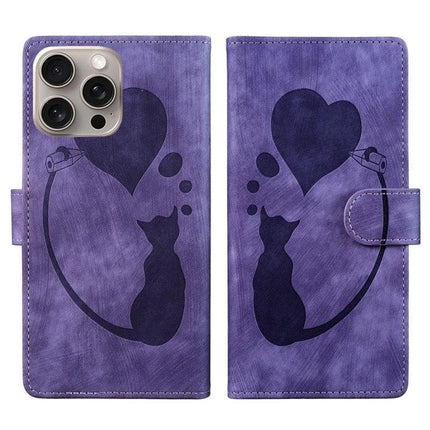 Leather Cat Design Phone Case for Everyday iPhone Use - purple leather wallet case with cat silhouette, heart motif, card slots and magnetic clasp