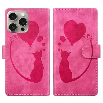 Leather Cat Design Phone Case for Everyday iPhone Use - pink leather wallet case with cat silhouette, heart motif, card slots