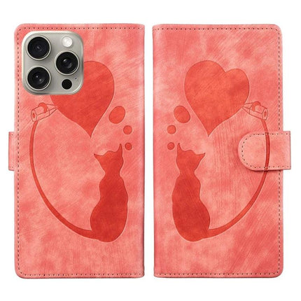 Leather Cat Design Phone Case for Everyday iPhone Use - pink leather wallet case with cat silhouette, heart motif, card slots and magnetic closure
