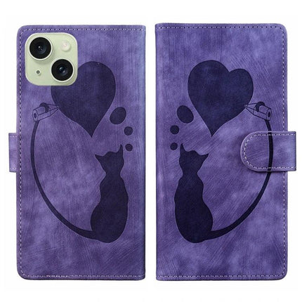 Leather Cat Design Phone Case for Everyday iPhone Use - purple leather wallet case with cat silhouette, heart motif, card slots