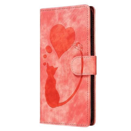 Embossed Leather Phone Case With Cat Design For Everyday Use - coral wallet case with embossed cat, card slots, cash pocket and stand