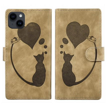 Embossed Leather Phone Case With Cat Design For Everyday Use - tan PU leather wallet case with embossed cat, heart, card slots and stand