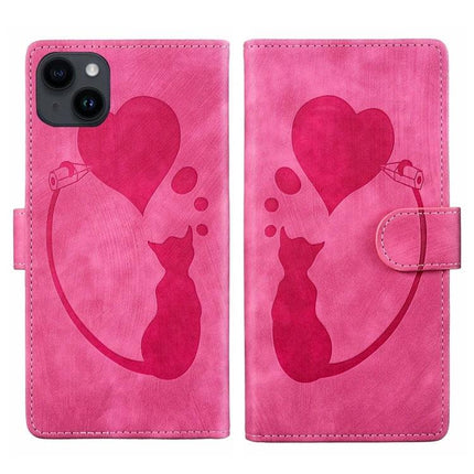 Embossed Leather Phone Case With Cat Design For Everyday Use - pink wallet case with embossed cat, heart, card slots and stand