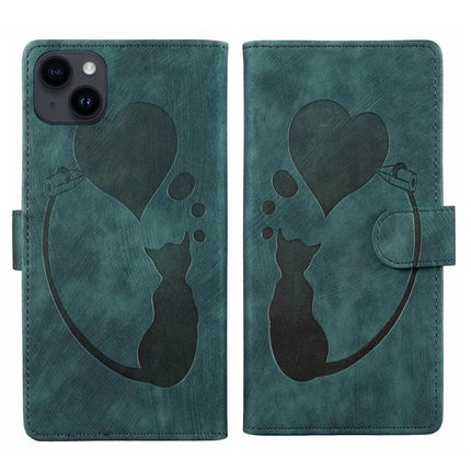 Embossed Leather Phone Case With Cat Design For Everyday Use - teal PU leather wallet case with embossed cat, heart, card slots, and stand
