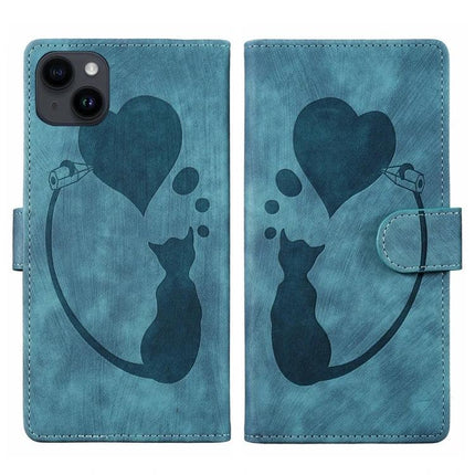 Embossed Leather Phone Case With Cat Design For Everyday Use - teal wallet case with embossed cat, card slots, stand and TPU core