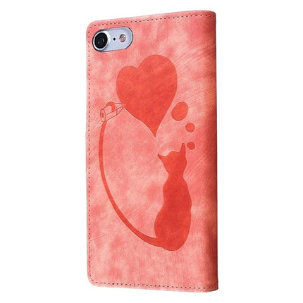 Daily Leather Case With Embossed Design For iPhone in pink with embossed cat and heart pattern, TPU core and card pocket