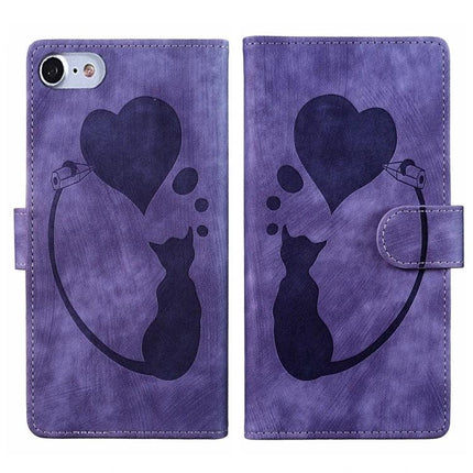 Daily Leather Case With Embossed Design For iPhone purple wallet-style case with embossed cat and heart pattern