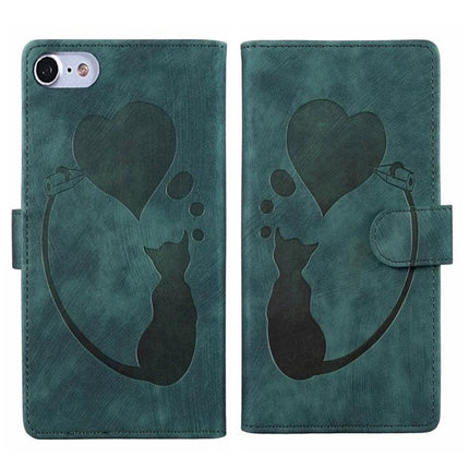 Daily Leather Case With Embossed Design For iPhone teal wallet case with embossed cat and heart pattern, card slots and magnetic closure
