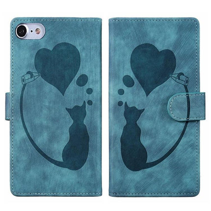 Daily Leather Case With Embossed Design For iPhone - teal wallet case with embossed cat silhouette and heart pattern, card slot and magnetic closure