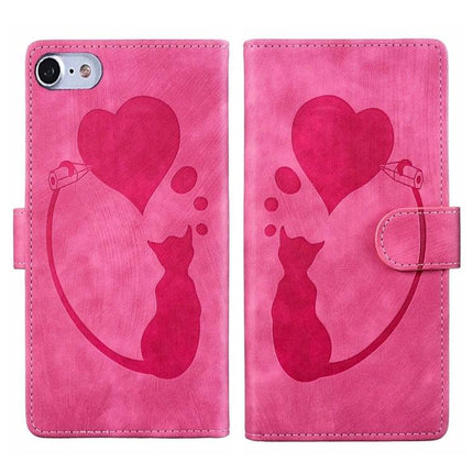 Daily Leather Case With Embossed Design For iPhone - pink wallet case with embossed cat and heart pattern, card slot and magnetic clasp