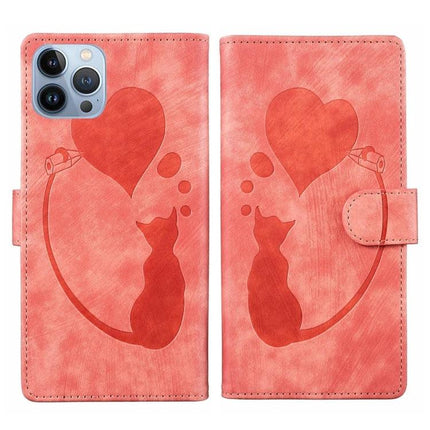 Daily Leather Case With Embossed Design For iPhone showing coral pink wallet-style cover with embossed cat silhouette and heart pattern