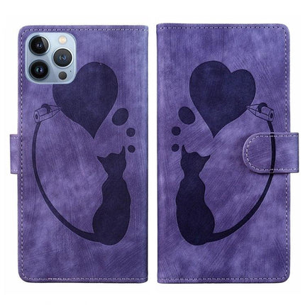 Daily Leather Case With Embossed Design For iPhone purple wallet case with embossed cat and heart pattern, card pocket, magnetic clasp