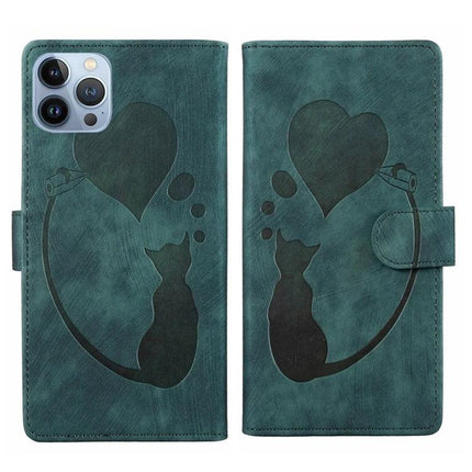 Daily Leather Case With Embossed Design For iPhone in teal with embossed cat and heart wallet-style folio, card slots and magnetic closure