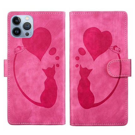 Daily Leather Case With Embossed Design For iPhone - pink folio wallet case with embossed cat and heart pattern, card slots and magnetic clasp