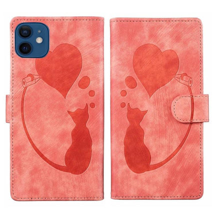 Embossed Leather Phone Case for iPhone Everyday Protection - coral pink wallet case with cat and heart embossed design, card slots and stand