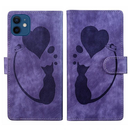 Embossed Leather Phone Case for iPhone Everyday Protection purple wallet case with cat and heart design, card slots and stand