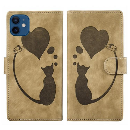 Embossed Leather Phone Case for iPhone Everyday Protection - tan wallet case with cat and heart print, card slots and stand