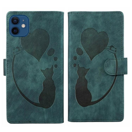 Embossed Leather Phone Case for iPhone Everyday Protection showing teal wallet-style case with embossed cat and heart design, card slots and magnetic closure