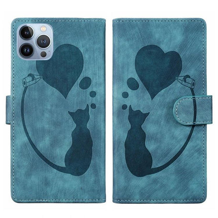 Embossed Leather Phone Case for iPhone Everyday Protection - teal embossed PU leather wallet case with cat and heart design, card slots and stand