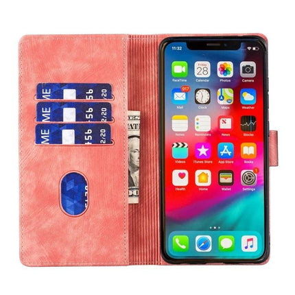 Leather Phone Case for Everyday iPhone Protection showing pink wallet-style case with three card slots, cash pocket and built-in stand