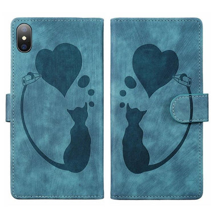 Leather Phone Case for Everyday iPhone Protection - teal PU leather wallet case with cat silhouette, heart thought bubble, built-in stand and card slots