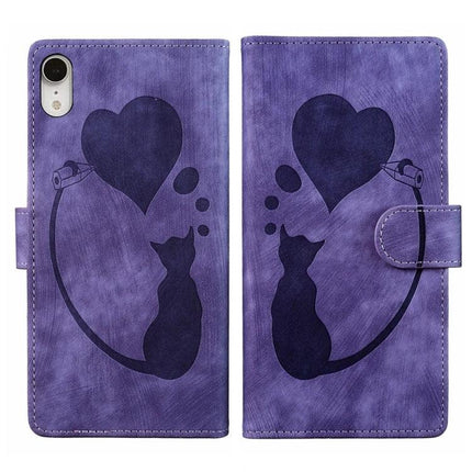 Leather Phone Case for Everyday iPhone Protection purple wallet-style case with black cat and heart design, built-in stand and card slots