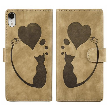 Leather Phone Case for Everyday iPhone Protection - tan PU leather wallet case with cat silhouette, heart thought-bubble, built-in stand and card slots