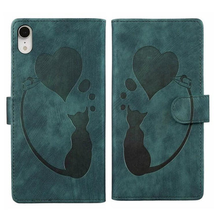 Leather Phone Case for Everyday iPhone Protection teal wallet case with cat and heart design, built-in stand and card slots
