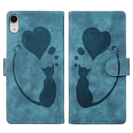 Leather Phone Case for Everyday iPhone Protection with teal PU leather, cat silhouette and heart design, built-in stand and card slots