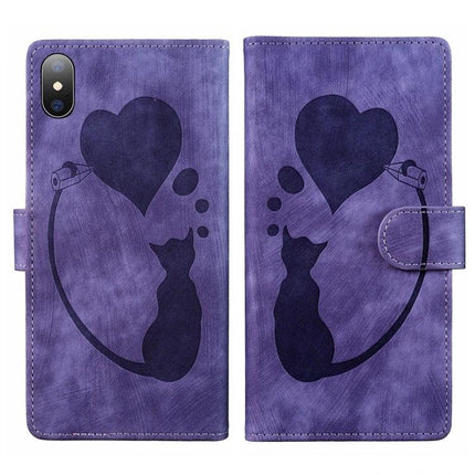 Leather Phone Case for Everyday iPhone Protection - purple wallet-style PU leather case with cat and heart design, stand and card slots