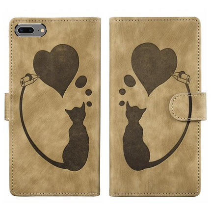 Leather Phone Case for Everyday iPhone Protection with tan PU leather wallet, cat and heart print, built-in stand and card slots