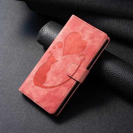Embossed Leather Phone Case for iPhone Everyday Protection - pink embossed PU leather wallet case with cat and heart design, card slots and stand