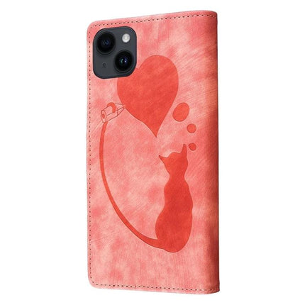 Embossed Leather Phone Case for iPhone Everyday Protection - pink embossed PU leather wallet case with cat and heart design, three card slots and stand