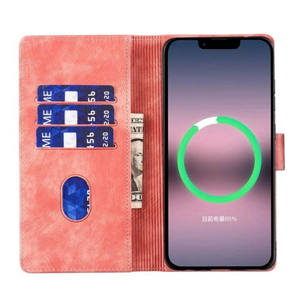 Embossed Leather Phone Case for iPhone Everyday Protection showing pink embossed wallet case with three card slots, cash pocket and built-in stand