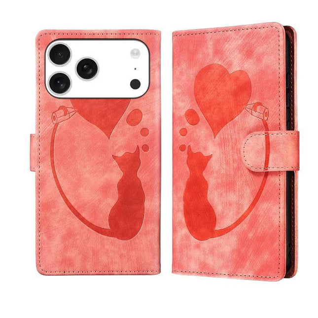 Embossed Leather Phone Case For Everyday Use With Card Slot pink embossed cat heart wallet-style phone case with three card slots