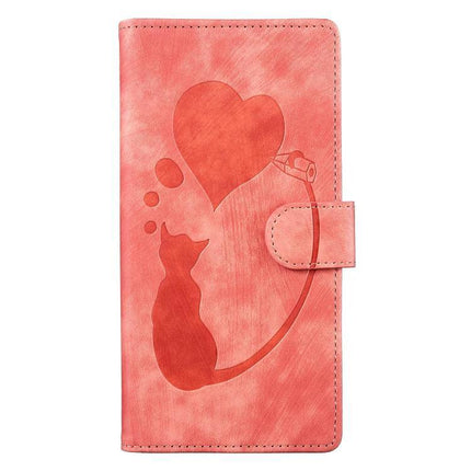 Embossed Leather Phone Case For Everyday Use With Card Slot - coral embossed cat and heart wallet-style phone case with three card slots