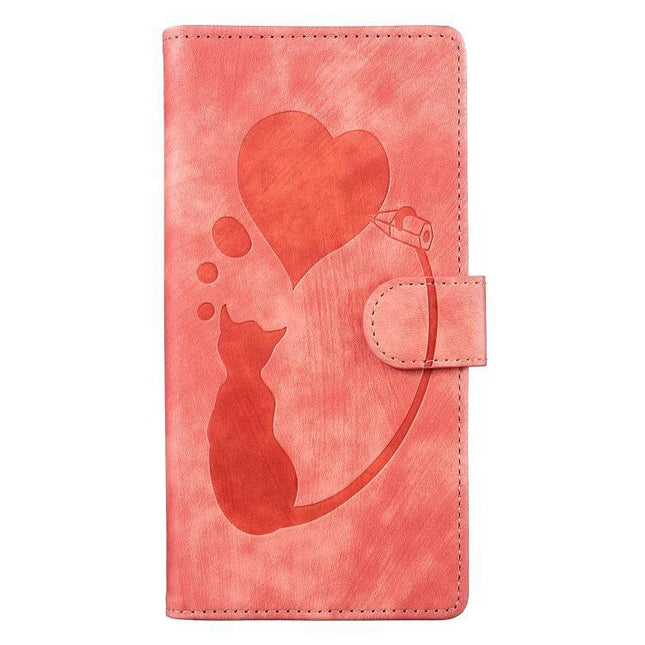 Embossed Leather Phone Case For Everyday Use With Card Slot - coral embossed cat and heart wallet-style phone case with three card slots