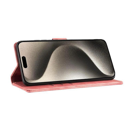 Embossed Leather Phone Case For Everyday Use With Card Slot showing pink embossed PU leather wallet case with phone in stand mode
