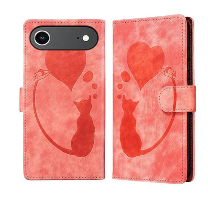 Embossed Leather Phone Case For Everyday Use With Card Slot in pink embossed cat heart design, three card slots and TPU core protection
