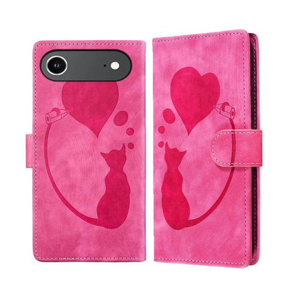 Embossed Leather Phone Case For Everyday Use With Card Slot pink embossed cat and heart wallet-style phone case