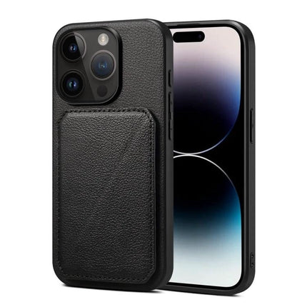 Protective Card-Slot Phone Case For Everyday Travel Essentials — black leather-look phone case with hidden dual card slots and kickstand