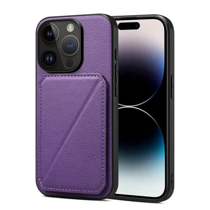 Protective Card-Slot Phone Case For Everyday Travel Essentials – purple leather-look case with hidden dual card slots and kickstand for hands-free viewing