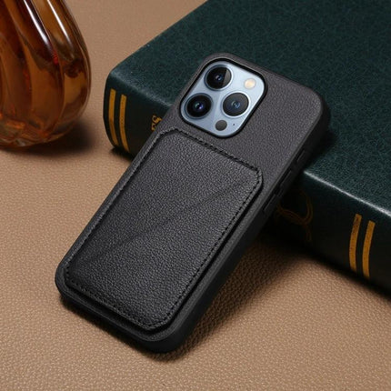 Compact Phone Case For Everyday Carry With Dual Card Slots showing black PU leather case with hidden dual card slots on back, slim protective TPU shell