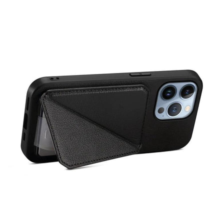 Compact Phone Case For Everyday Carry With Dual Card Slots in black PU leather showing hidden dual card slots and slim TPU protective shell
