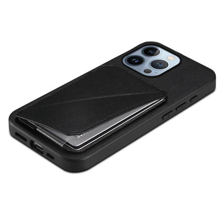 Compact Phone Case For Everyday Carry With Dual Card Slots in black PU leather with hidden dual card slots and TPU shell