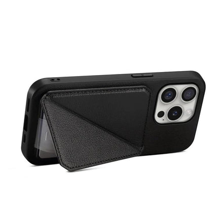 Protective Card-Slot Phone Case For Everyday Travel Essentials showing black case with hidden dual card slots and fold-out stand