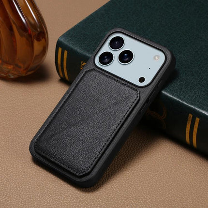 Phone Case With Essentials Storage For Daily Life showing black leather dual-card pocket on iPhone back for commuters and travelers