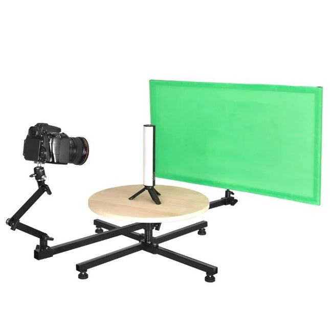 YELANGU Panoramic Turntable for 360-Degree Photography Sessions showing turntable, camera arm and green screen setup